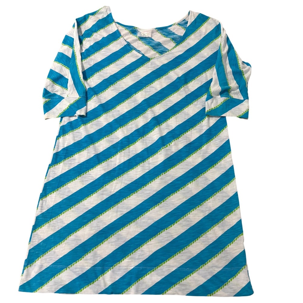 Lilly‎ Pulitzer Blue White Diagonal Stripe Cotton V-Neck T-Shirt Dress S Summer